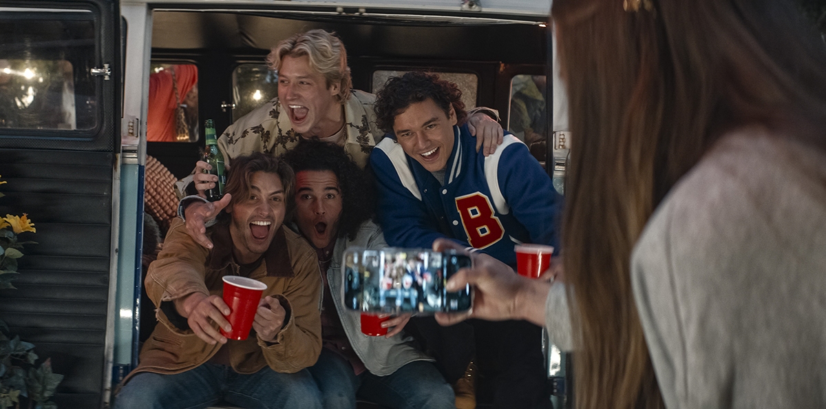 Logan (Antonio Cipriano), Dean (Stephen Thomas Kalyn), Tucker (Jalen Thomas Brooks) and Garrett (Belmont Cameli) in OFF CAMPUS 
Photo: Courtesy of Prime
© AMAZON CONTENT SERVICES LLC